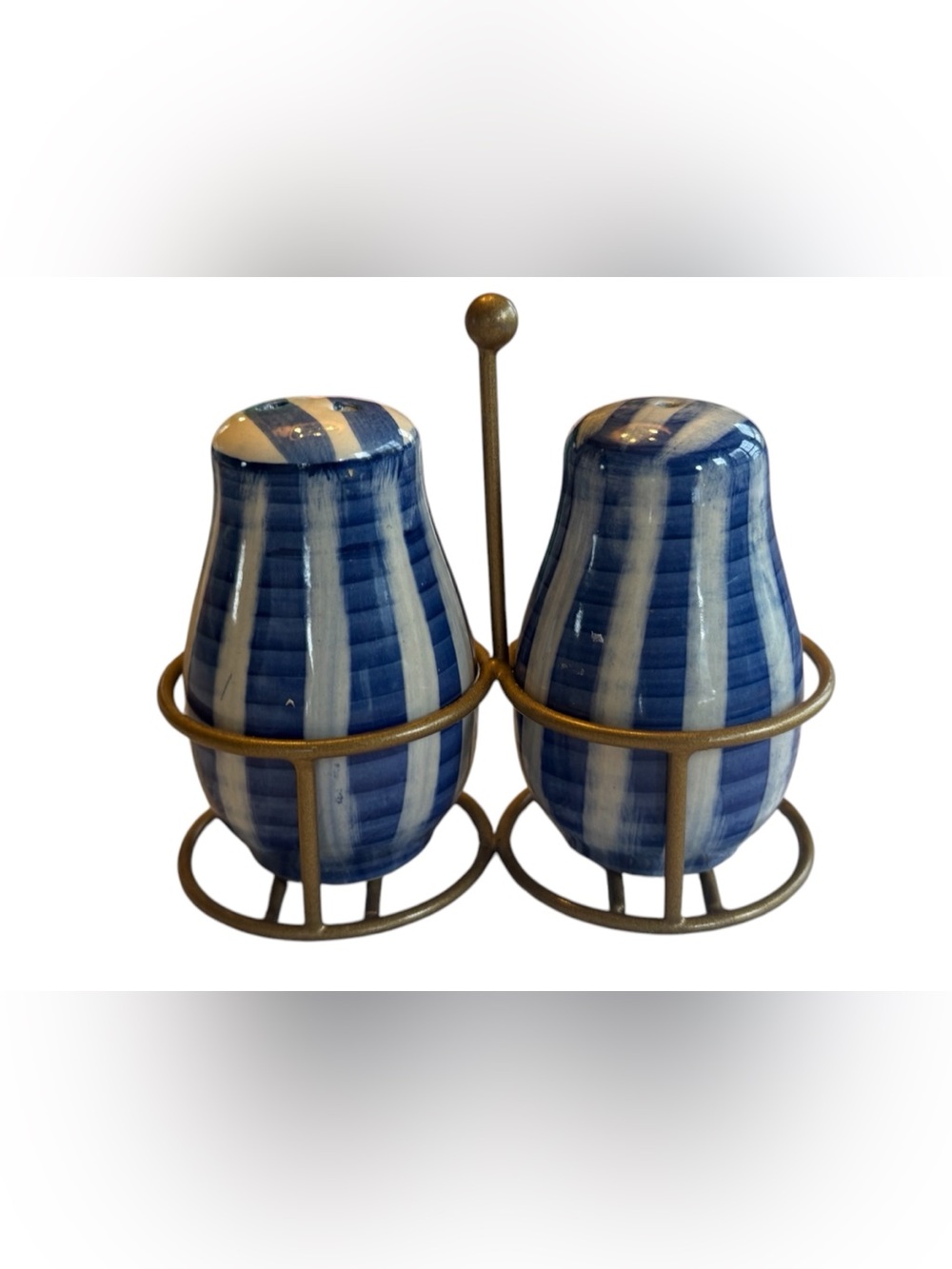 Blue White Striped Pottery Salt Pepper Shakers W Metal Caddy Handmade Ceramic